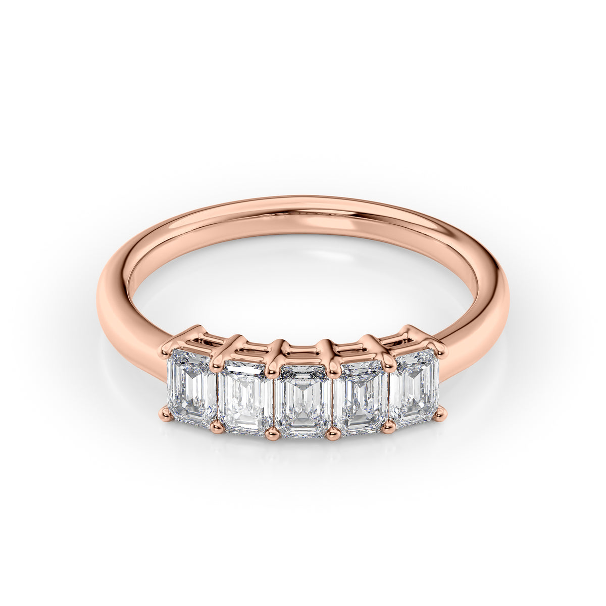 1ct Emerald Anniversary. A Rose Gold Anniversary Ring Set With 1tcw Emerald Lab Grown Diamonds. White Background.