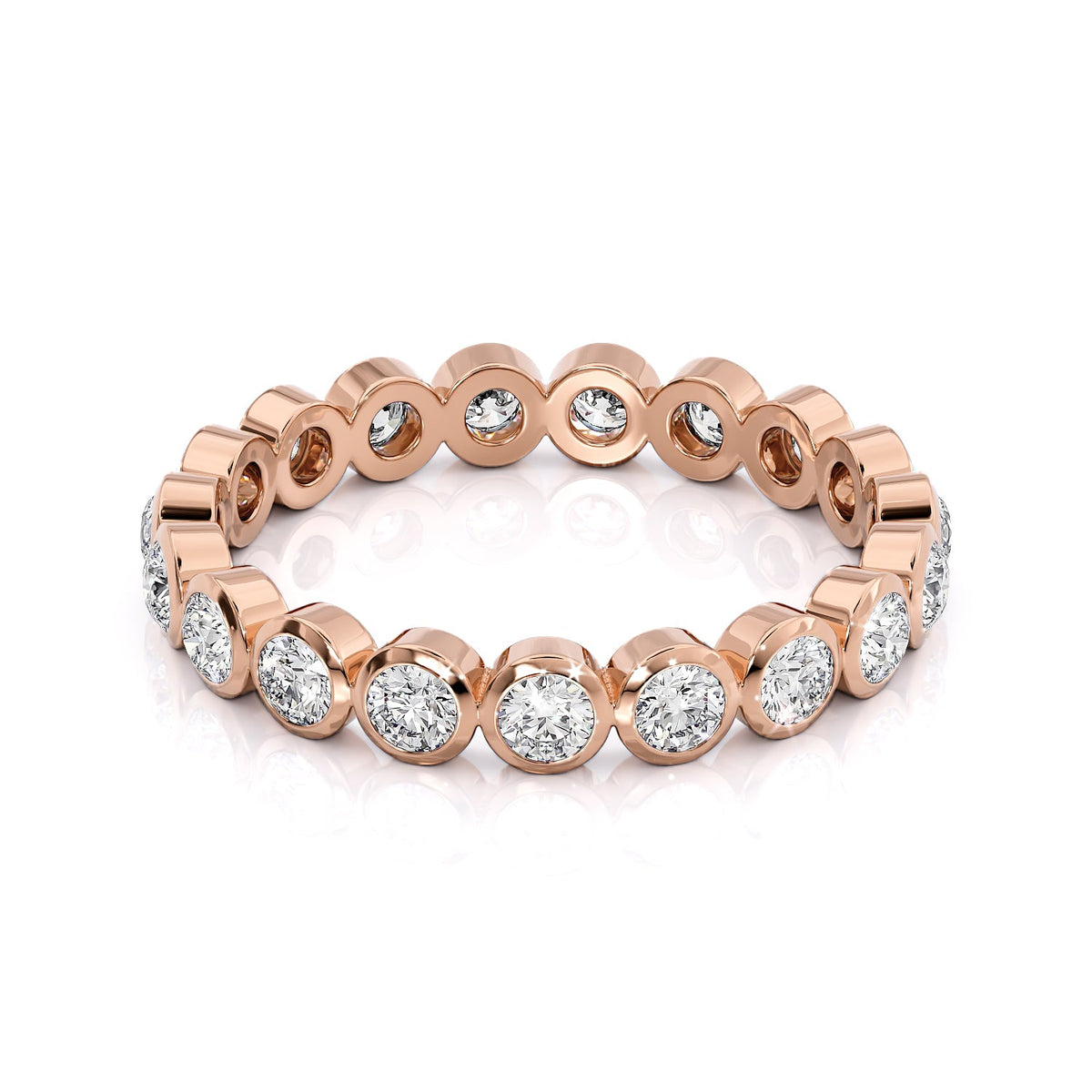 1ct Round Bezel Eternity. A Rose Gold Eternity Ring Set With 1tcw Round Lab Grown Diamonds. White Background.