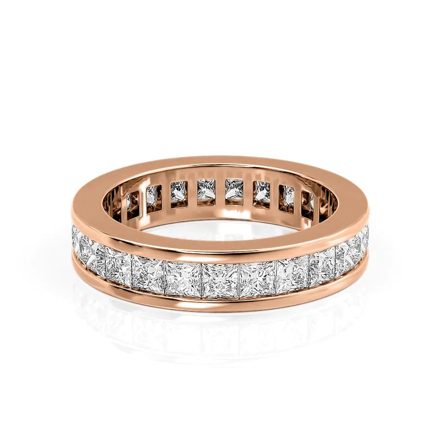 2.5ct Princess Channel Eternity. A Rose Gold Eternity Ring Set With 2.5tcw Princess Lab Grown Diamonds. White Background.