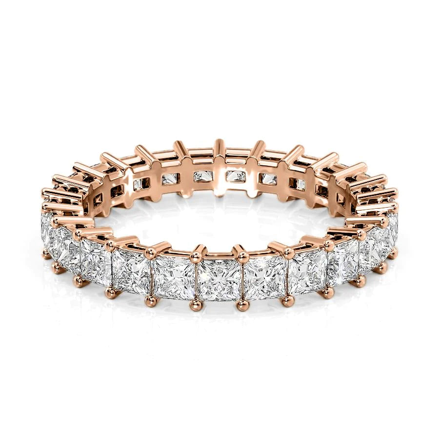 2.5ct Princess Eternity. A Rose Gold Eternity Ring Set With 2.5tcw Princess Lab Grown Diamonds. White Background.