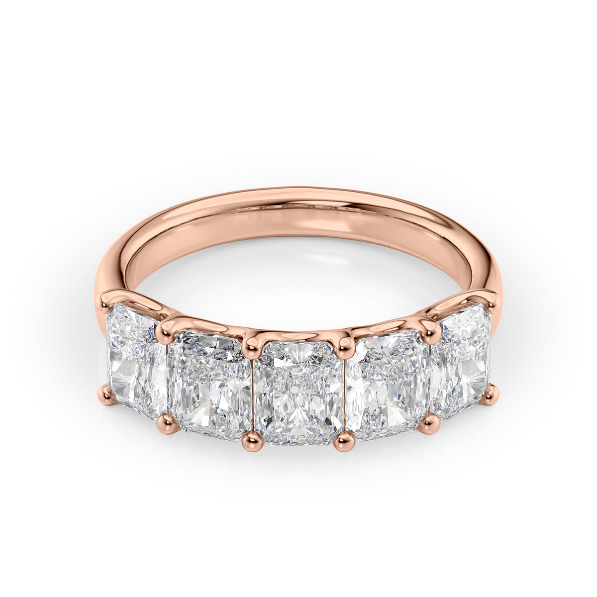 2.5ct Radiant U Prong Anniversary. A Rose Gold Anniversary Ring Set With 2.5tcw Radiant Lab Grown Diamonds. White Background.