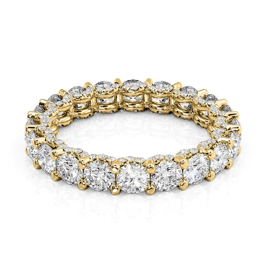 2.8ct Round U Pave Prong Eternity. A Yellow Gold Eternity Ring Set With 2.8tcw Round Lab Grown Diamonds. White Background.