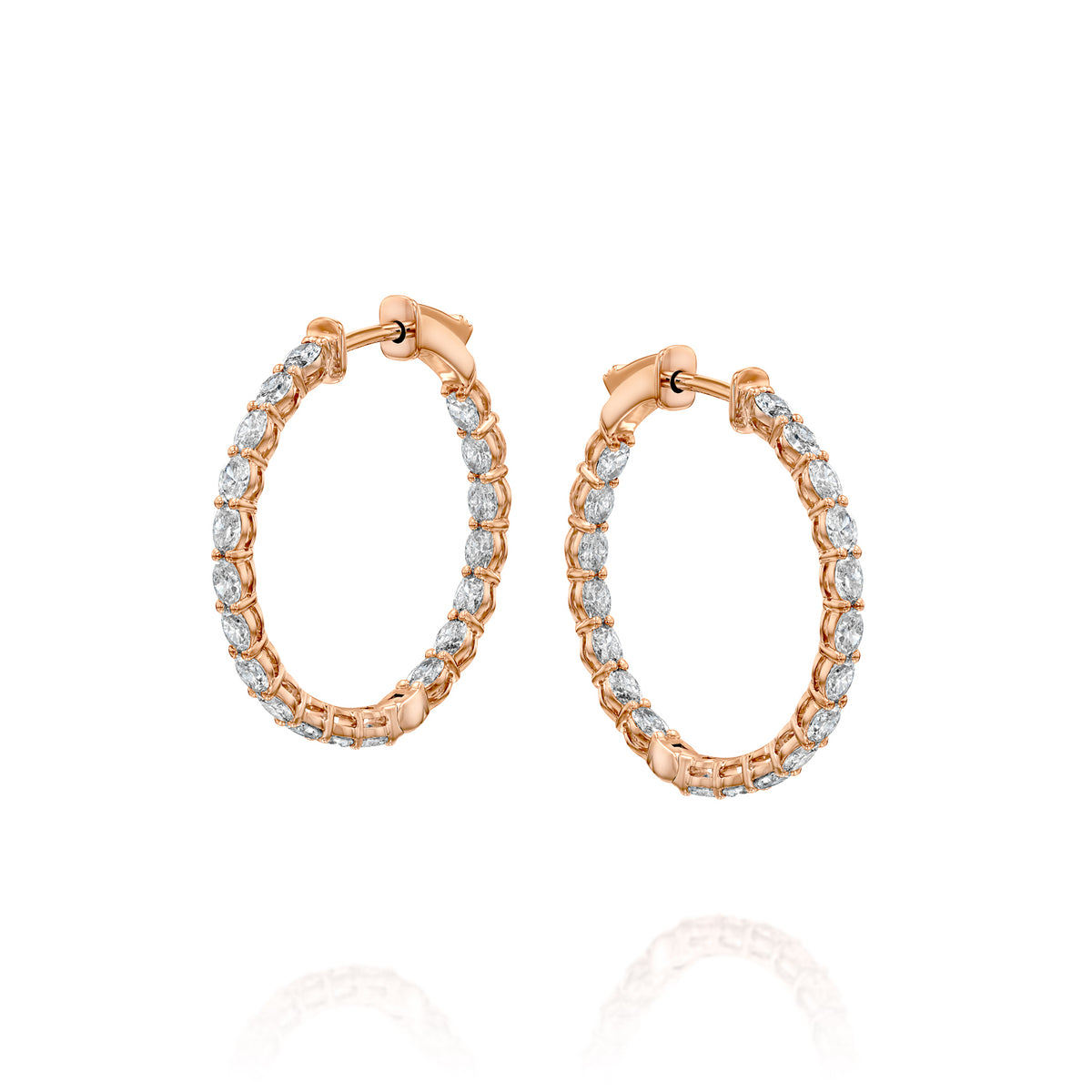 2ct 25mm Oval Eternity Hoops. A Rose Gold Hoop Earrings Set With 2tcw Oval Lab Grown Diamonds. White Background.