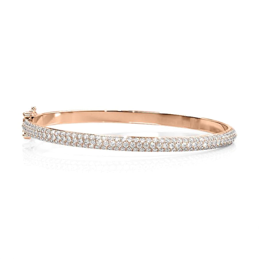2ct 3 Row Bombe Bangle. A Rose Gold Bangle Bracelet Set With 2tcw Round Lab Grown Diamonds. White Background.
