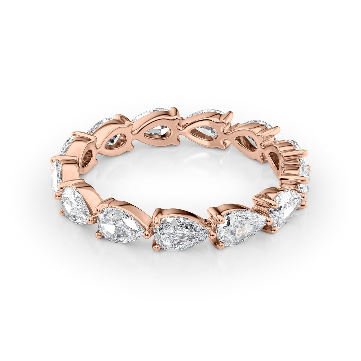 2ct East West Pear Eternity. A Rose Gold Eternity Ring Set With 2tcw Pear Lab Grown Diamonds. White Background.