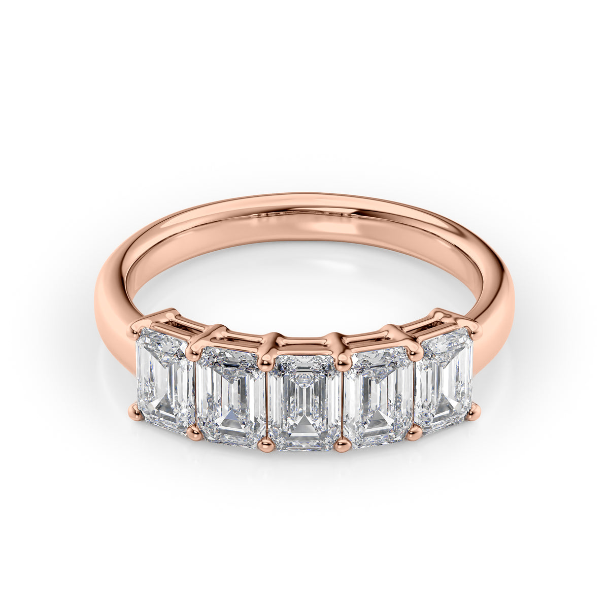 2ct Emerald Anniversary. A Rose Gold Anniversary Ring Set With 2tcw Emerald Lab Grown Diamonds. White Background.