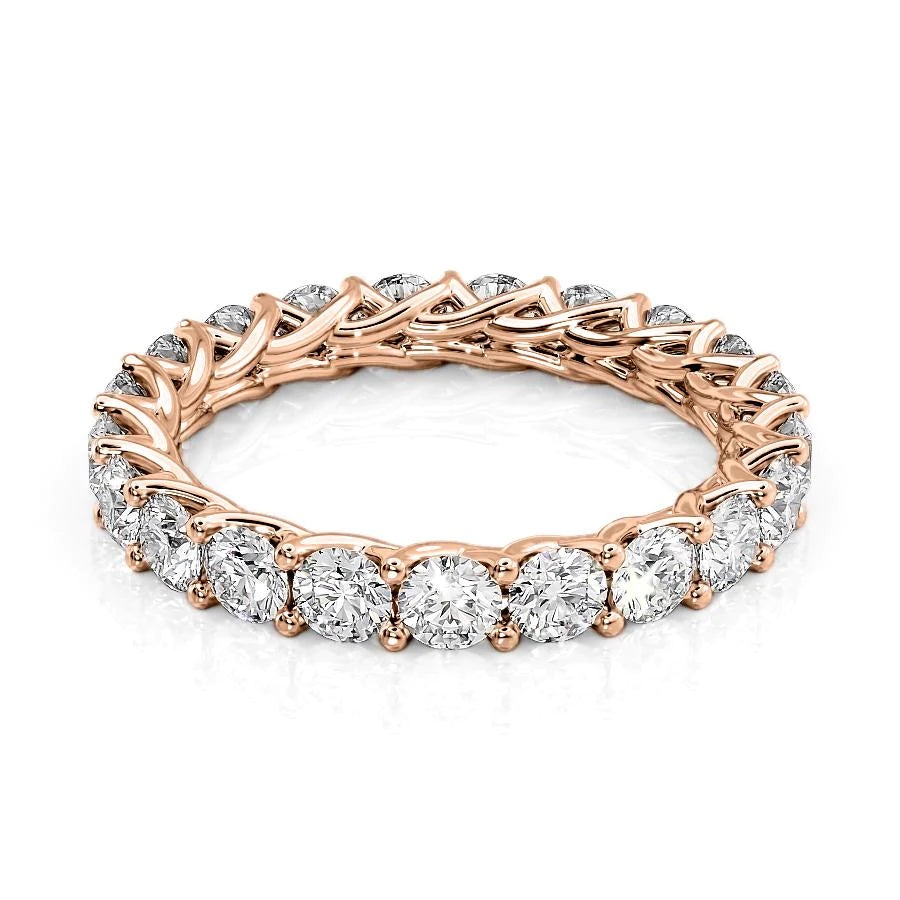 2ct Round Trellis Eternity. A Rose Gold Eternity Ring Set With 2tcw Round Lab Grown Diamonds. White Background.