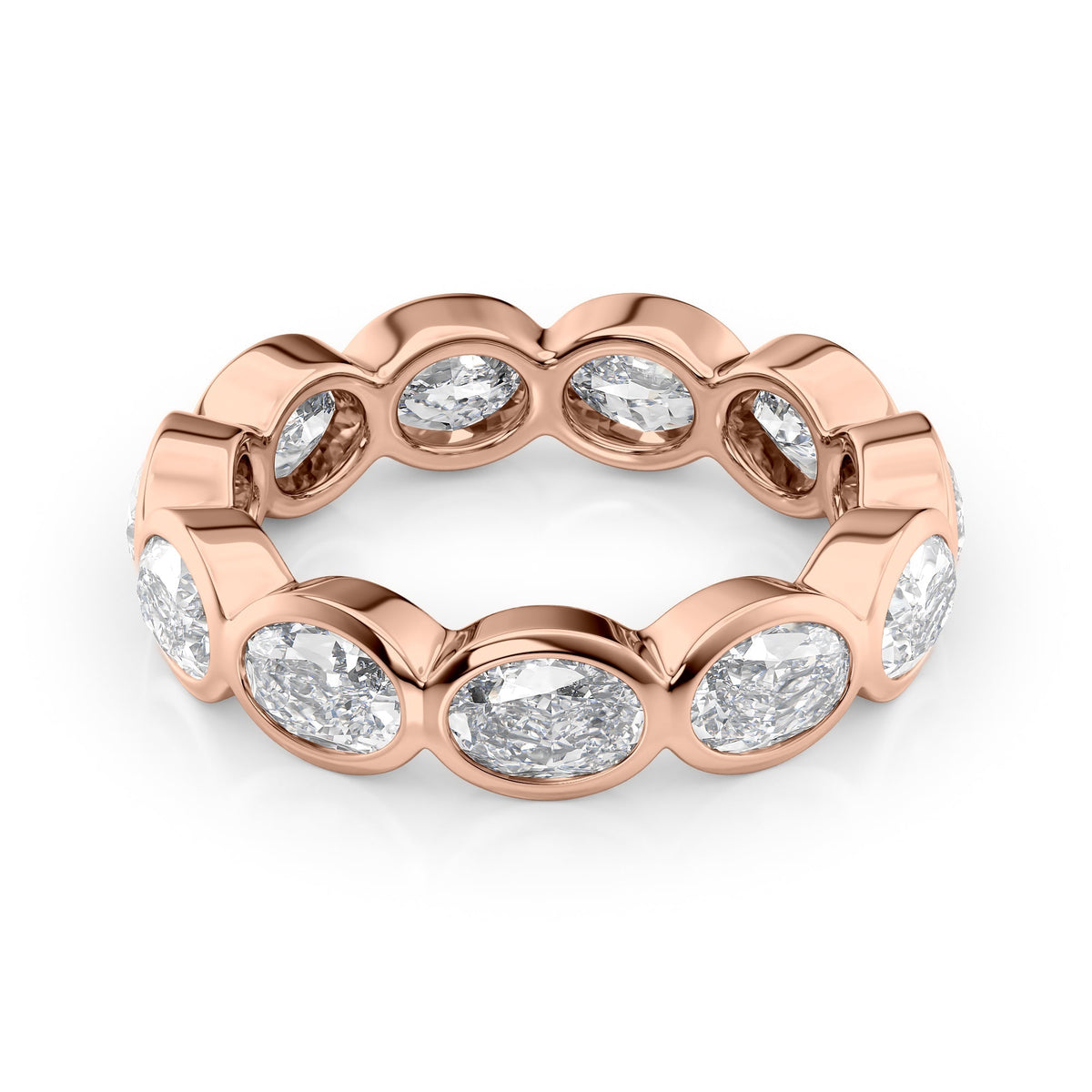 3.3ct East West Oval Bezel Eternity. A Rose Gold Eternity Ring Set With 3.3tcw Oval Lab Grown Diamonds. White Background.