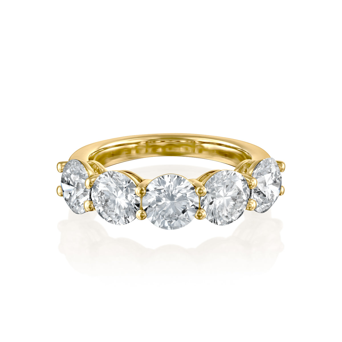 3.5ct Round Anniversary. A Yellow Gold Anniversary Ring Set With 3.5tcw Round Lab Grown Diamonds. White Background.