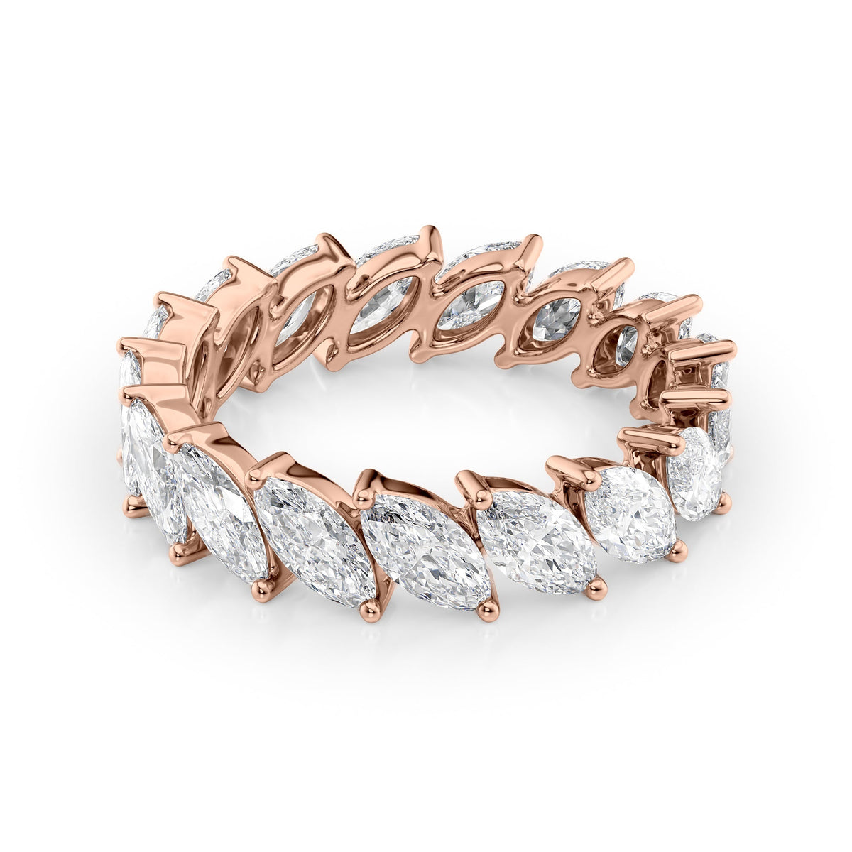 3.5ct Slanted Marquise Eternity. A Rose Gold Eternity Ring Set With 3.5tcw Marquise Lab Grown Diamonds. White Background.