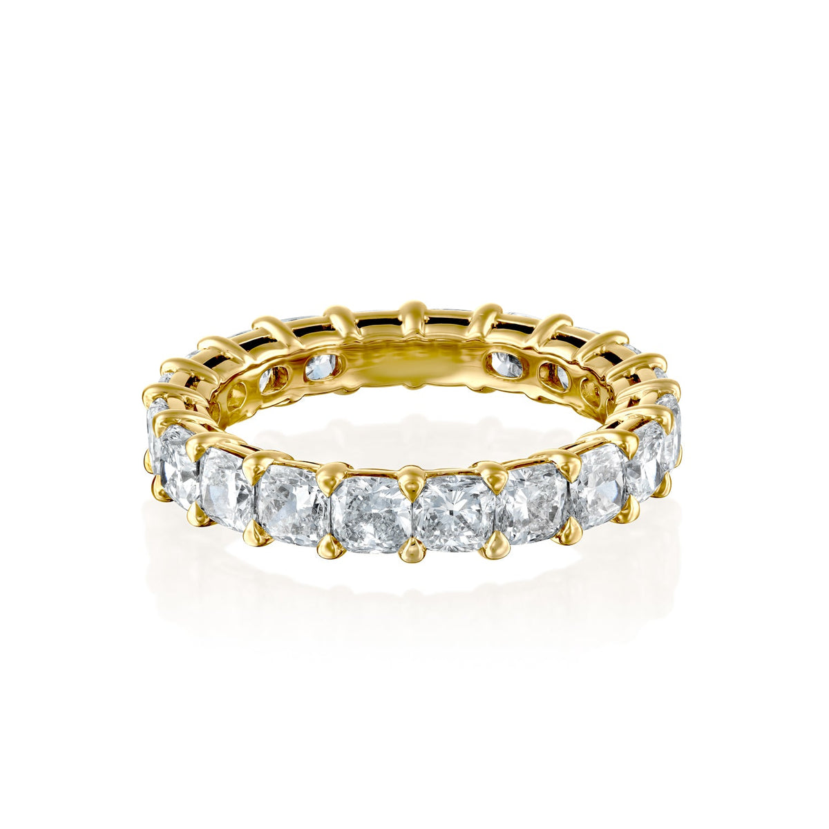 3ct Cushion Eternity. A Yellow Gold Eternity Ring Set With 3tcw Cushion Lab Grown Diamonds. White Background.