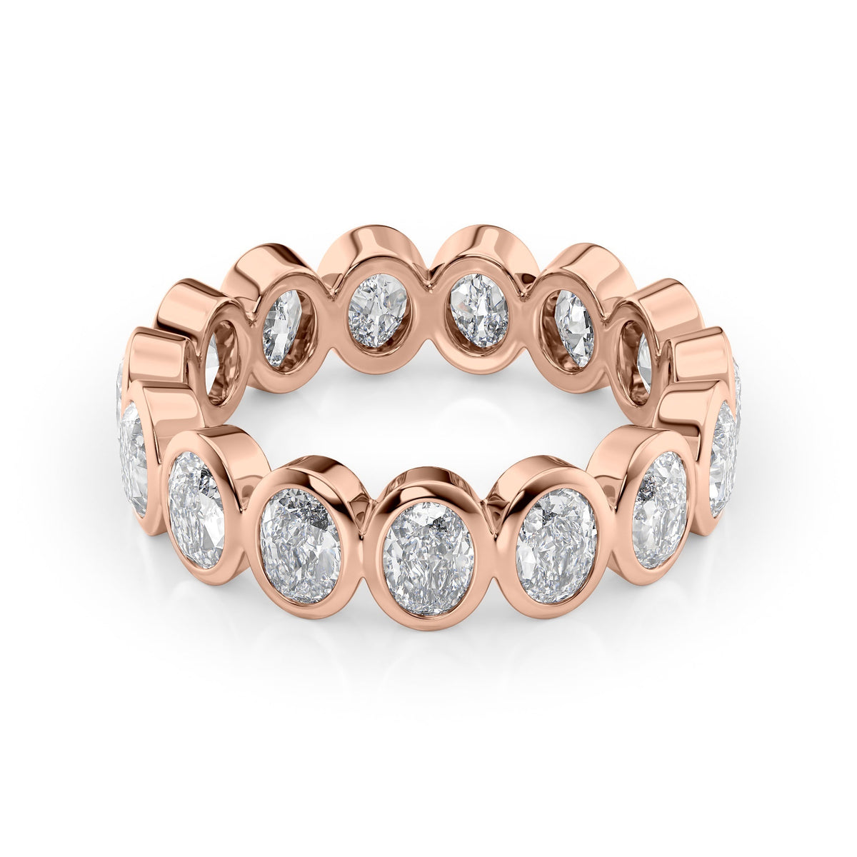 3ct Oval Bezel Eternity. A Rose Gold Eternity Ring Set With 3tcw Oval Lab Grown Diamonds. White Background.