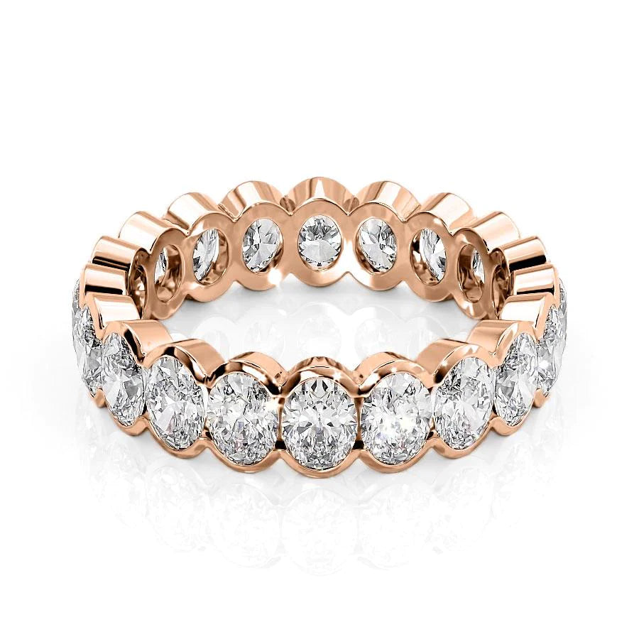 3ct Oval Half Bezel Eternity. A Rose Gold Eternity Ring Set With 3tcw Oval Lab Grown Diamonds. White Background.