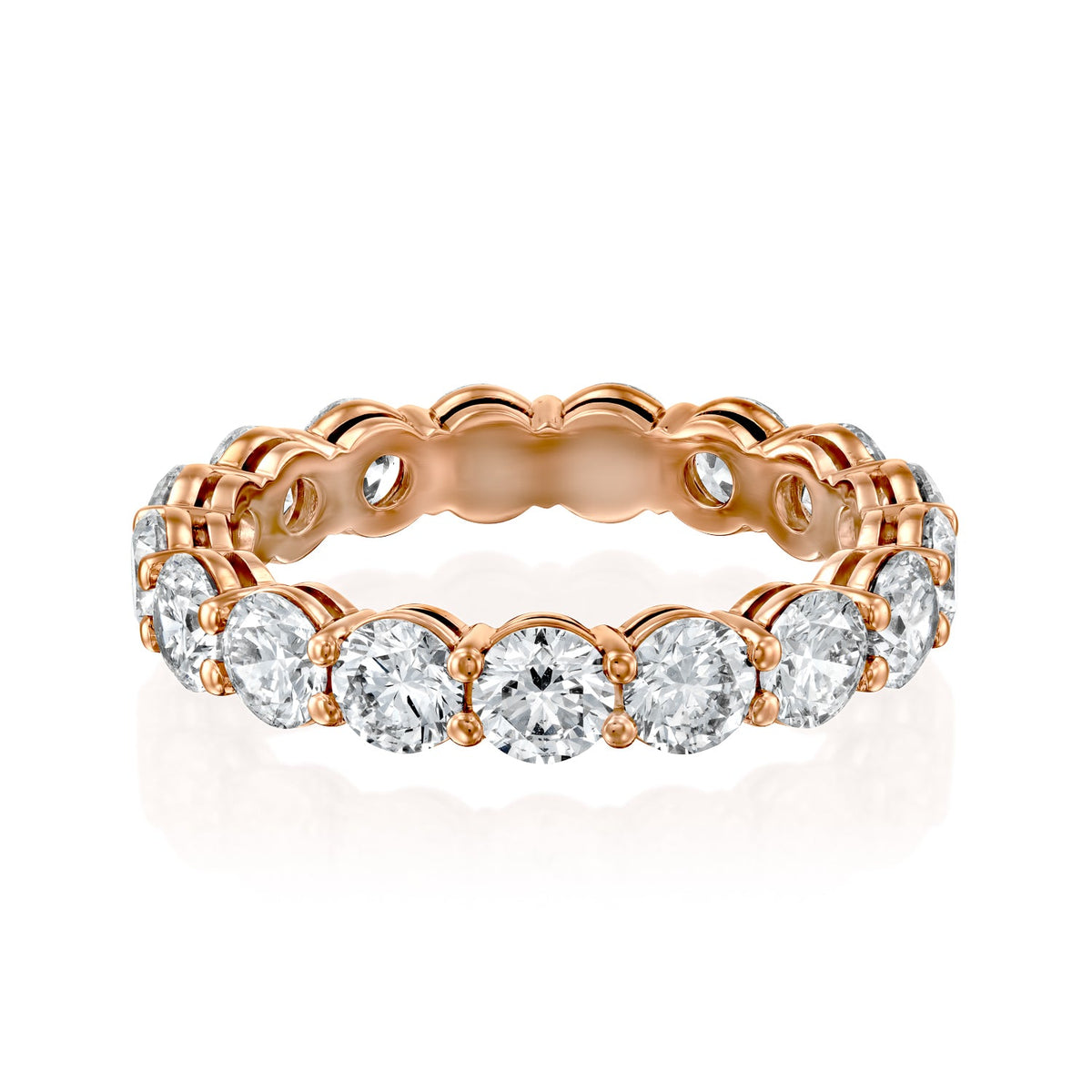 3ct Round Eternity. A Rose Gold Eternity Ring Set With 3tcw Round Lab Grown Diamonds. White Background.