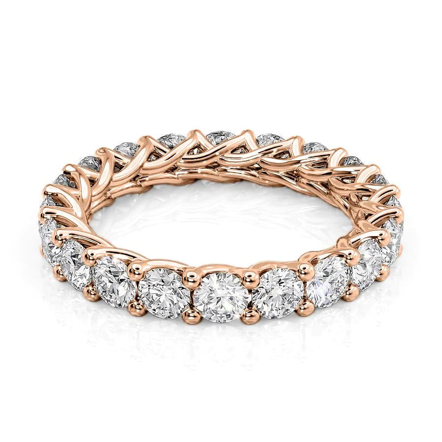 3ct Round Trellis Eternity. A Rose Gold Eternity Ring Set With 3tcw Round Lab Grown Diamonds. White Background.