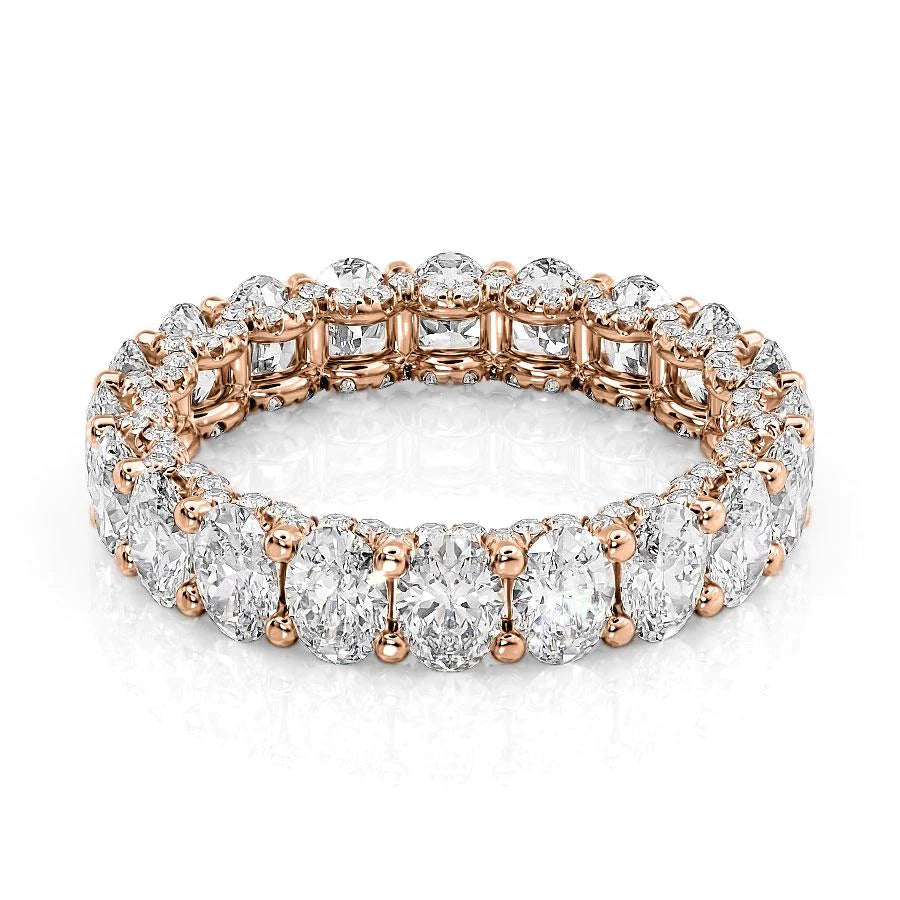 4.3ct Oval U Pave Prong Eternity. A Rose Gold Eternity Ring Set With 4tcw Oval Lab Grown Diamonds. White Background.