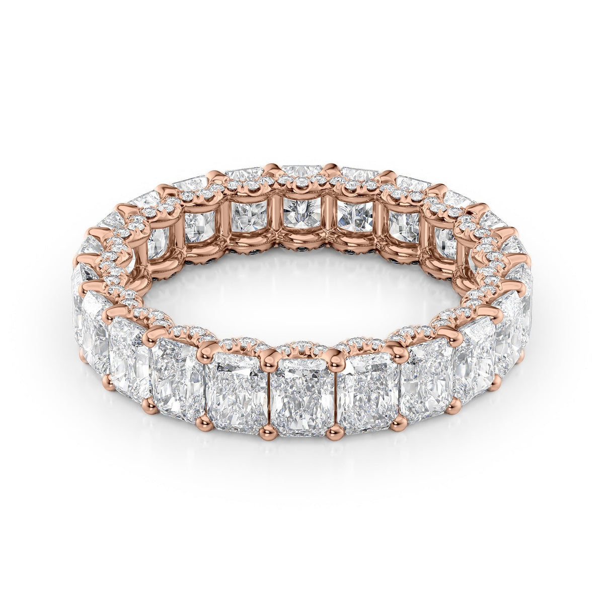 4.3ct Radiant U Pave Prong Eternity. A Rose Gold Eternity Ring Set With 4tcw Radiant Lab Grown Diamonds. White Background.