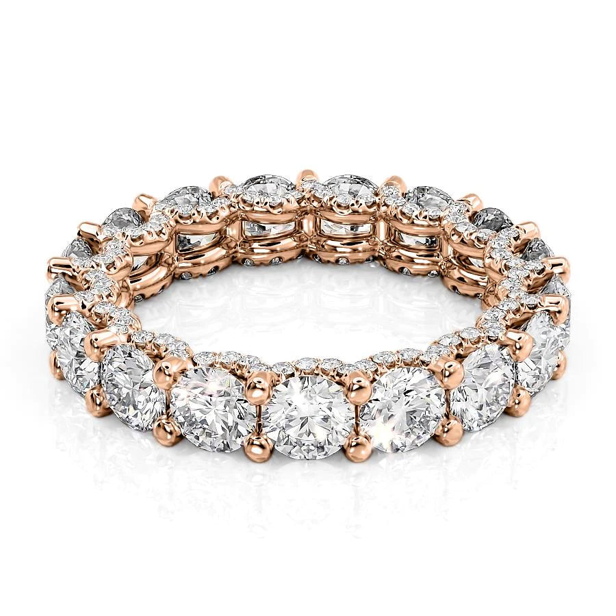 4.3ct Round U Pave Prong Eternity. A Rose Gold Eternity Ring Set With 4.3tcw Round Lab Grown Diamonds. White Background.