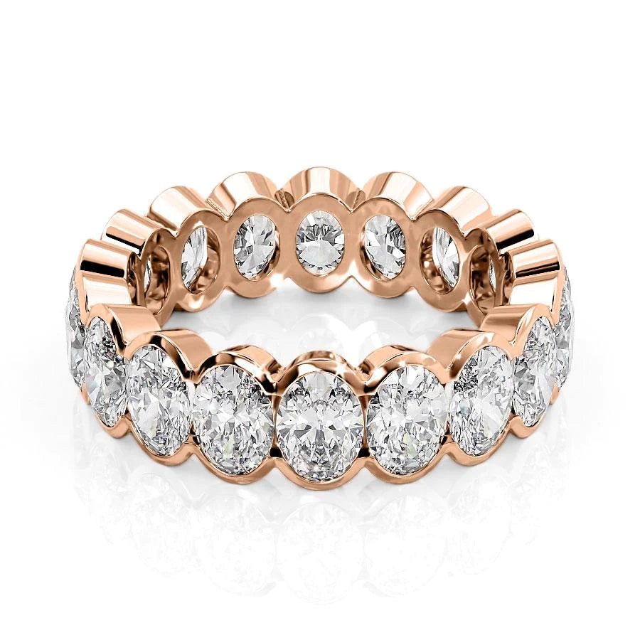 4.5ct Oval Half Bezel Eternity. A Rose Gold Eternity Ring Set With 4.5tcw Oval Lab Grown Diamonds. White Background.