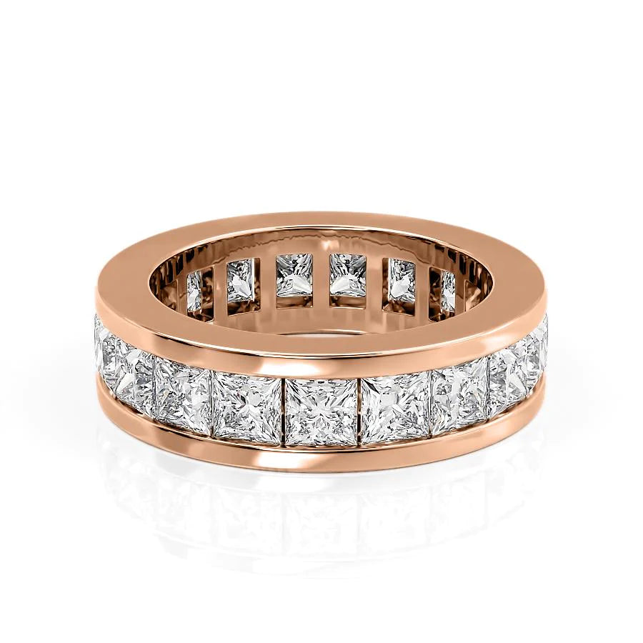 4.7ct Princess Channel Eternity. A Rose Gold Eternity Ring Set With 4.7tcw Princess Lab Grown Diamonds. White Background.