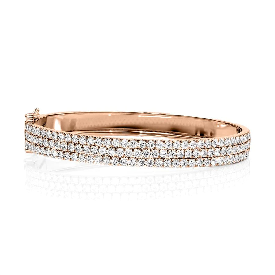 4ct 3 Row Pave Bangle. A Rose Gold Bangle Bracelet Set With 4tcw Round Lab Grown Diamonds. White Background.