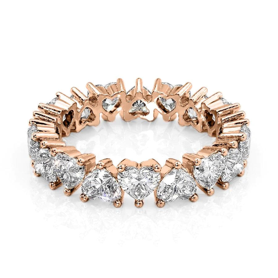 4ct Heart Eternity. A Rose Gold Eternity Ring Set With 4tcw Heart Lab Grown Diamonds. White Background.
