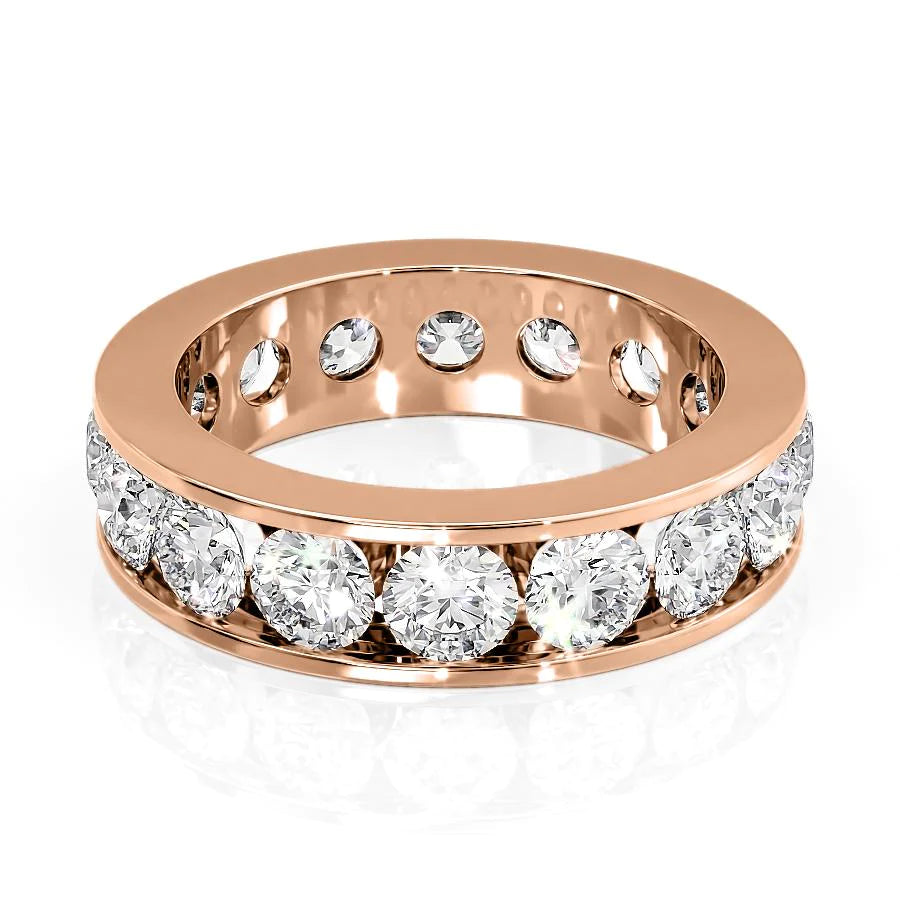 4ct Round Channel Eternity. A Rose Gold Eternity Ring Set With 4tcw Round Lab Grown Diamonds. White Background.