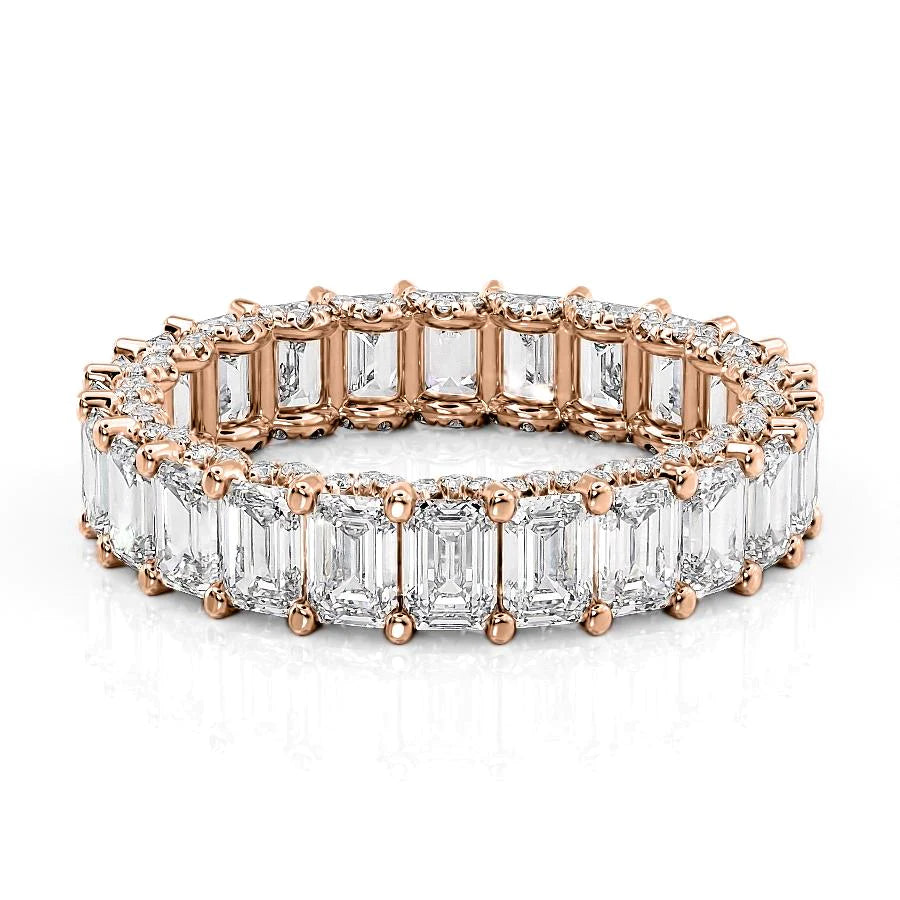 5.3ct Emerald U Pave Prong Eternity. A Rose Gold Eternity Ring Set With 5tcw Emerald Lab Grown Diamonds. White Background.