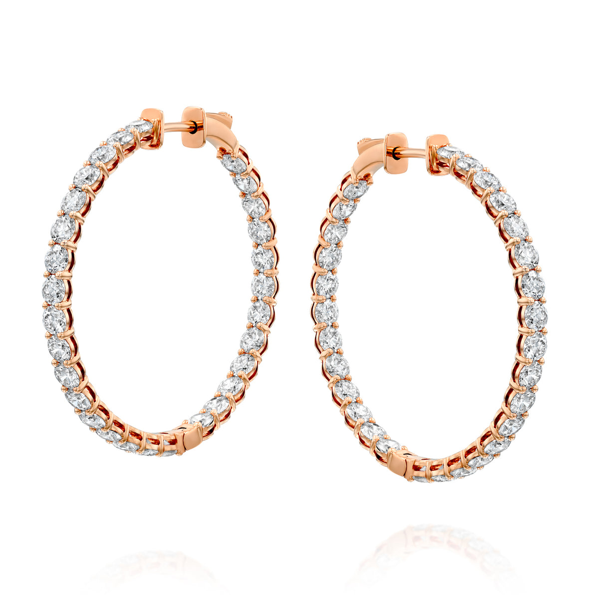 5.5ct 35mm Eternity Hoops. A Rose Gold Hoop Earrings Set With 5.5tcw Round Lab Grown Diamonds. White Background.