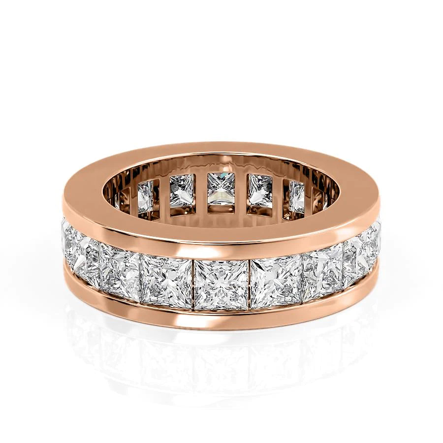5.5ct Princess Channel Eternity. A Rose Gold Eternity Ring Set With 5.5tcw Princess Lab Grown Diamonds. White Background.