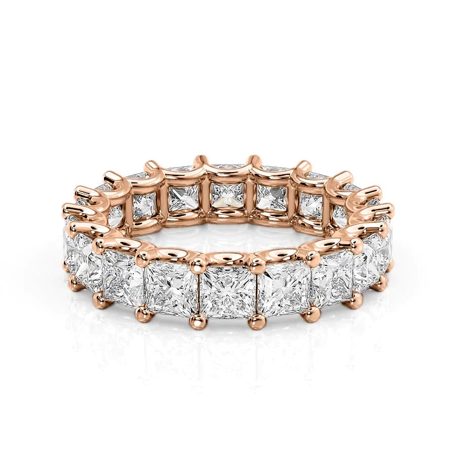 5.5ct Princess U Prong Eternity. A Rose Gold Eternity Ring Set With 5.5tcw Princess Lab Grown Diamonds. White Background.