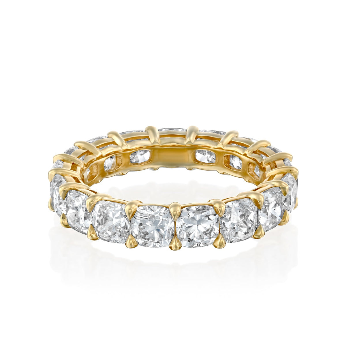 5ct Cushion Eternity. A Yellow Gold Eternity Ring Set With 5tcw Cushion Lab Grown Diamonds. White Background.