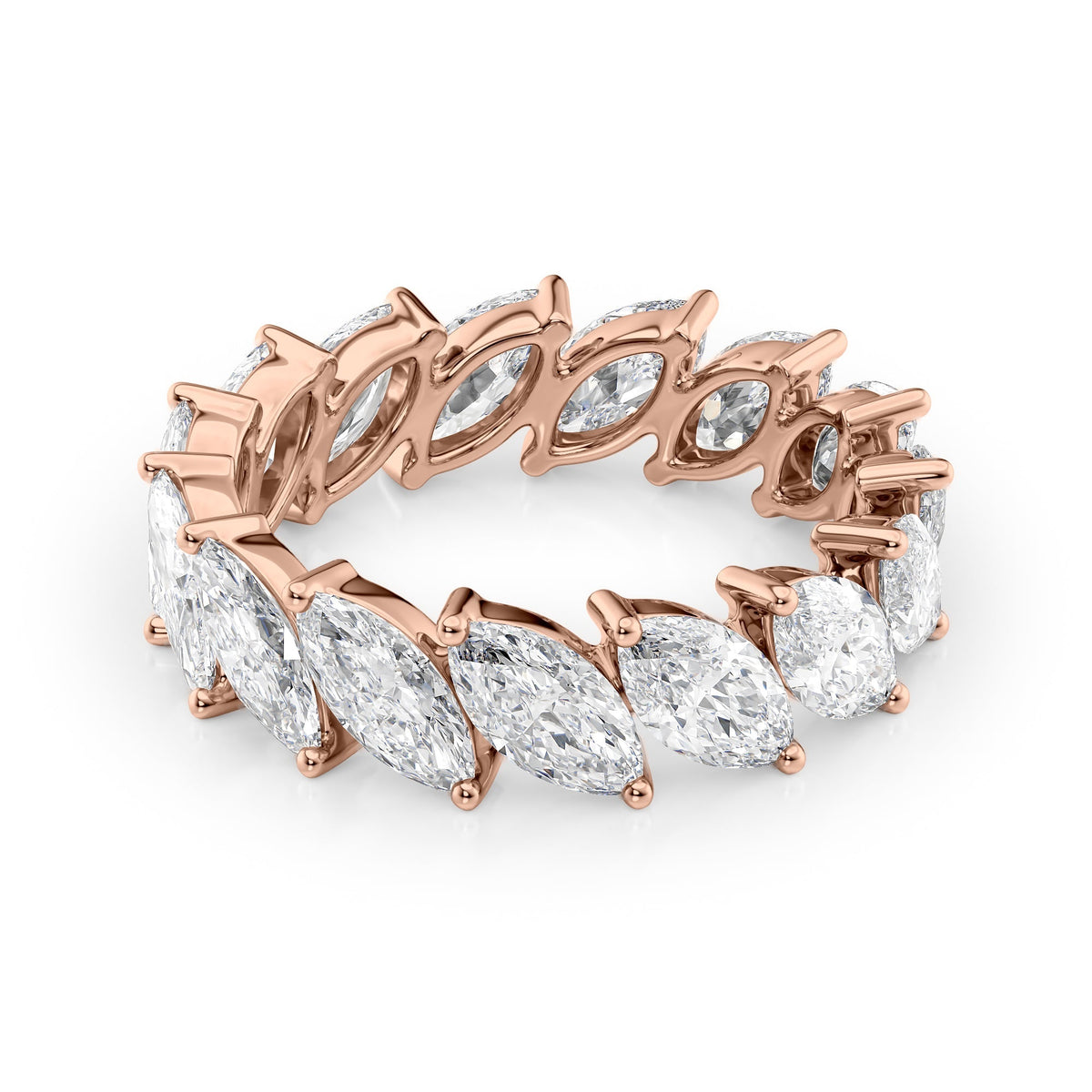 5ct Slanted Marquise Eternity. A Rose Gold Eternity Ring Set With 5tcw Marquise Lab Grown Diamonds. White Background.