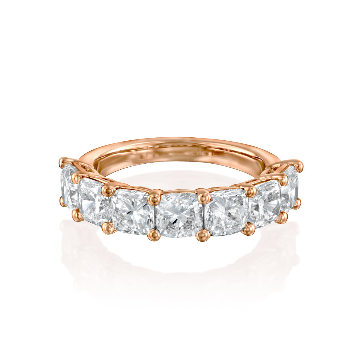 7 Stone 3ct Cushion Anniversary. A Rose Gold Anniversary Ring Set With 3tcw Cushion Lab Grown Diamonds. White Background.