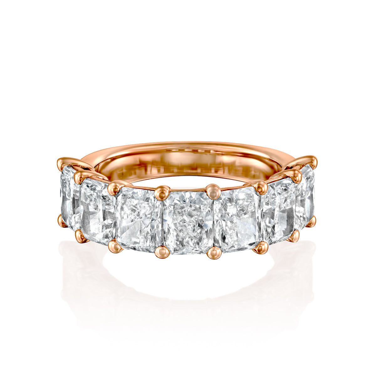 7 Stone 4ct Radiant Anniversary. A Rose Gold Anniversary Ring Set With 4tcw Radiant Lab Grown Diamonds. White Background.