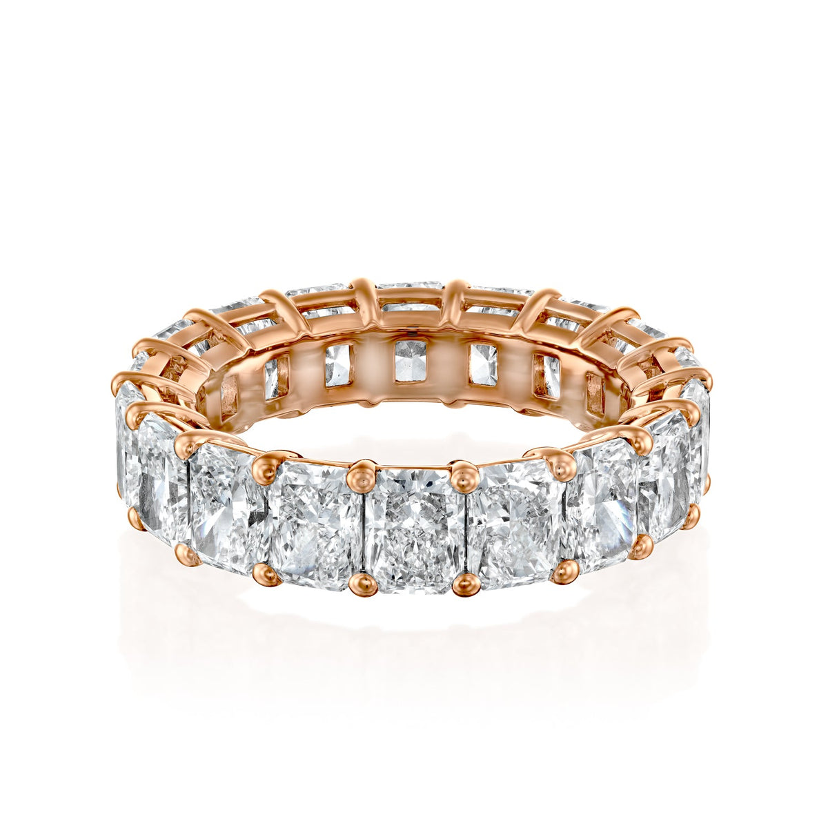 7ct Radiant Eternity. A Rose Gold Eternity Ring Set With 7tcw Radiant Lab Grown Diamonds. White Background.
