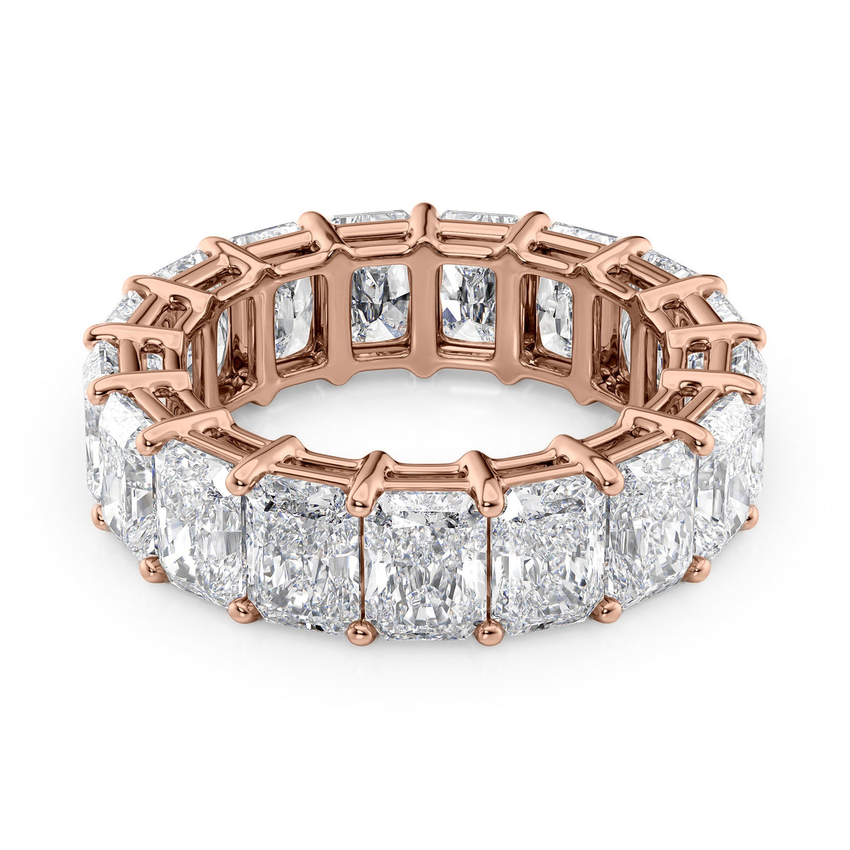 8ct Radiant Eternity. A Rose Gold Eternity Ring Set With 8tcw Radiant Lab Grown Diamonds. White Background.
