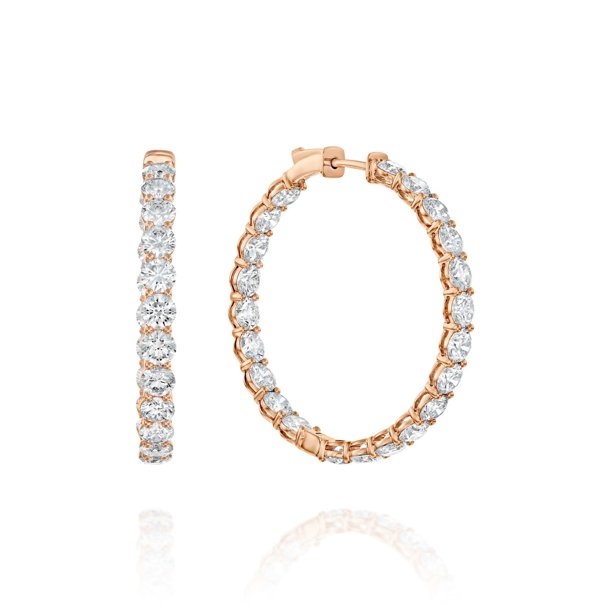 9ct 35mm Eternity Hoops. A Rose Gold Hoop Earrings Set With 9tcw Round Lab Grown Diamonds. White Background.