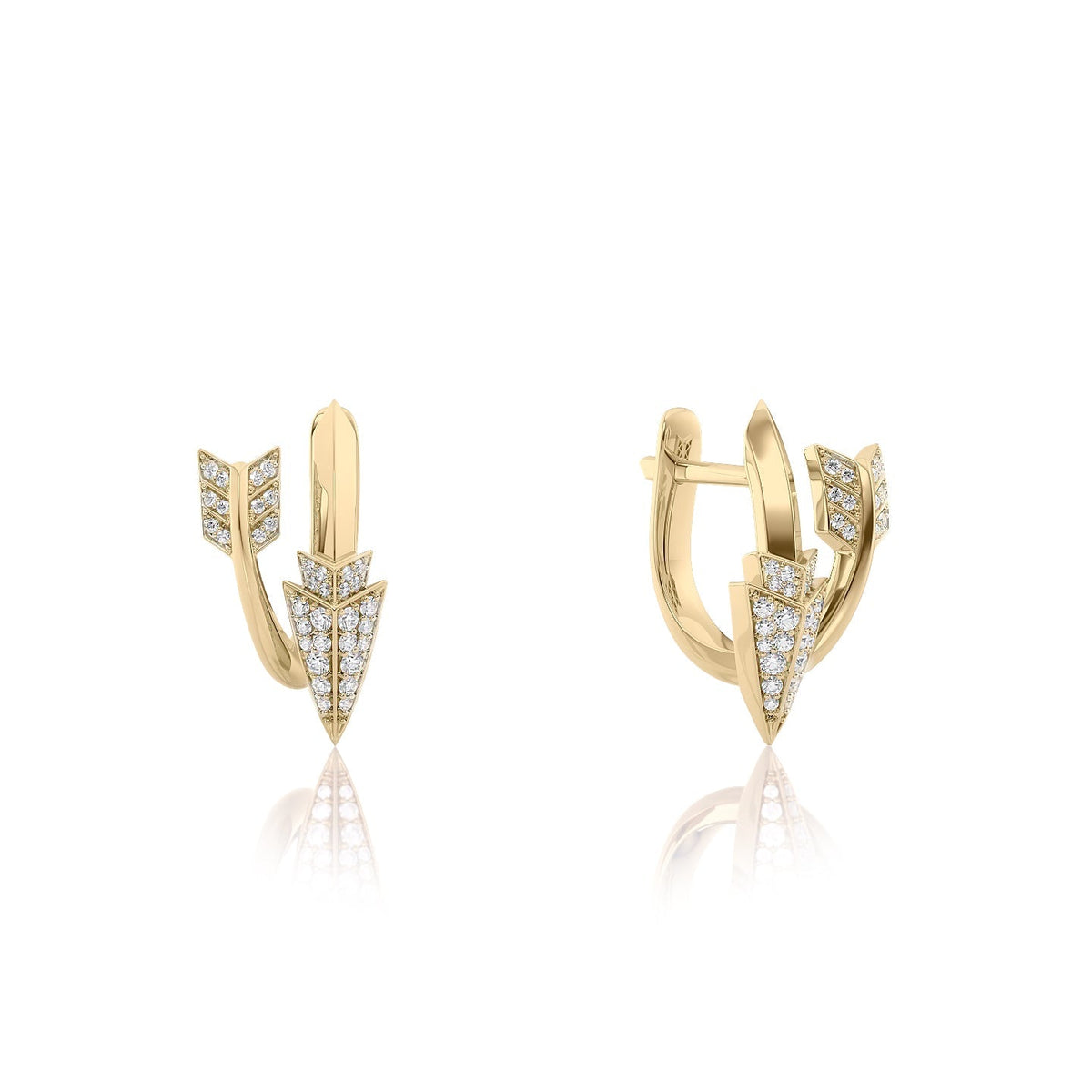 Aim Forward Huggies. A Yellow Gold Designer Huggie Earrings Set With 0.3tcw Round Lab Grown Diamonds. White Background.