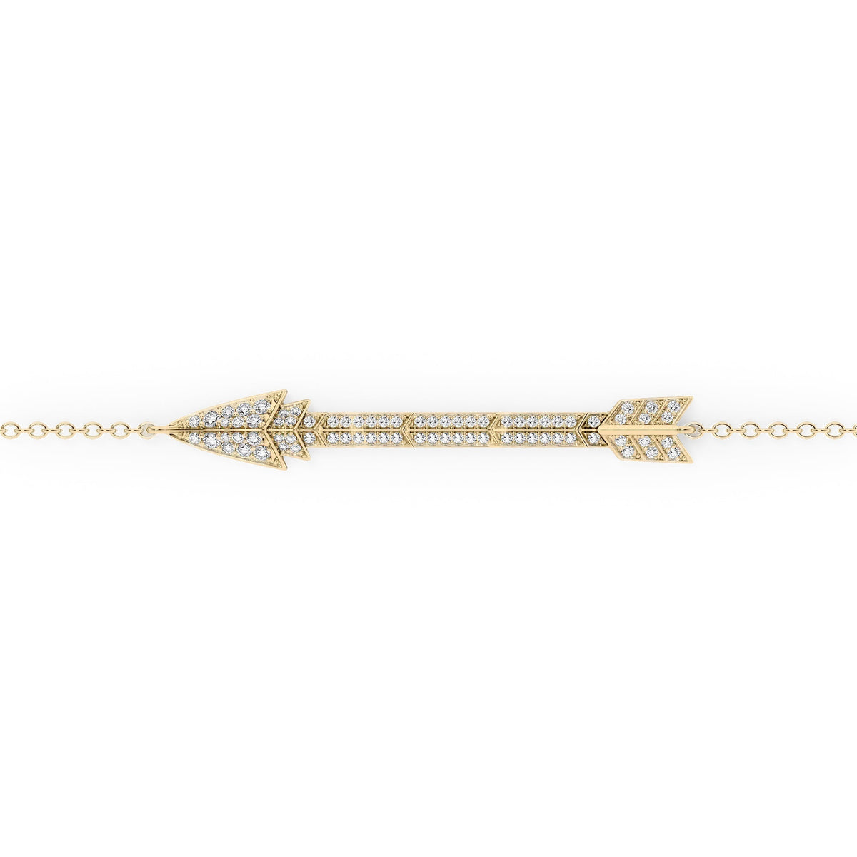 Aim Forward Pave Chain Bracelet. A Yellow Gold Designer Chain Bracelet Set With 0.35tcw Round Lab Grown Diamonds. White Background.