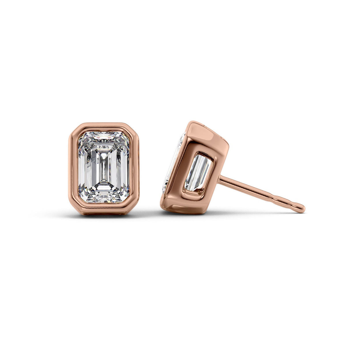 Bezel Stud Earrings Set With Emerald Lab Diamonds. A Rose Gold Diamond Stud Earrings Set With 3tcw Emerald Lab Diamonds (1.5ct Each). White Background.