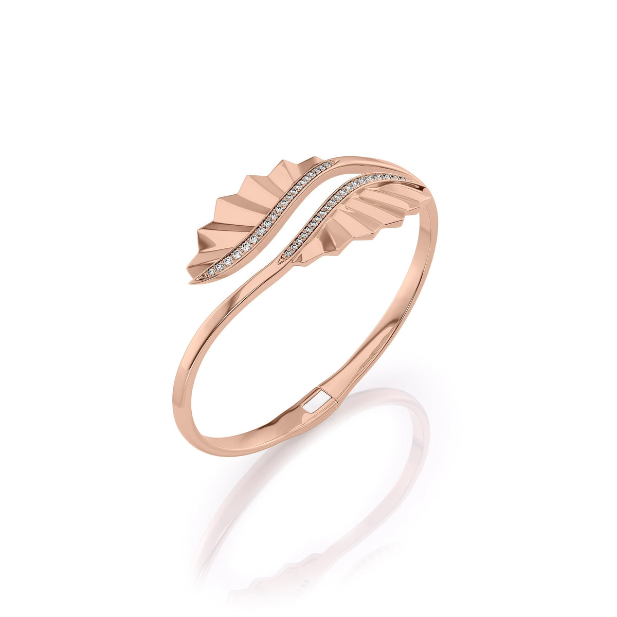 Born To Fly Bypass Bangle. A Rose Gold Designer Bangle Bracelet Set With 0.5tcw Round Lab Grown Diamonds. White Background.