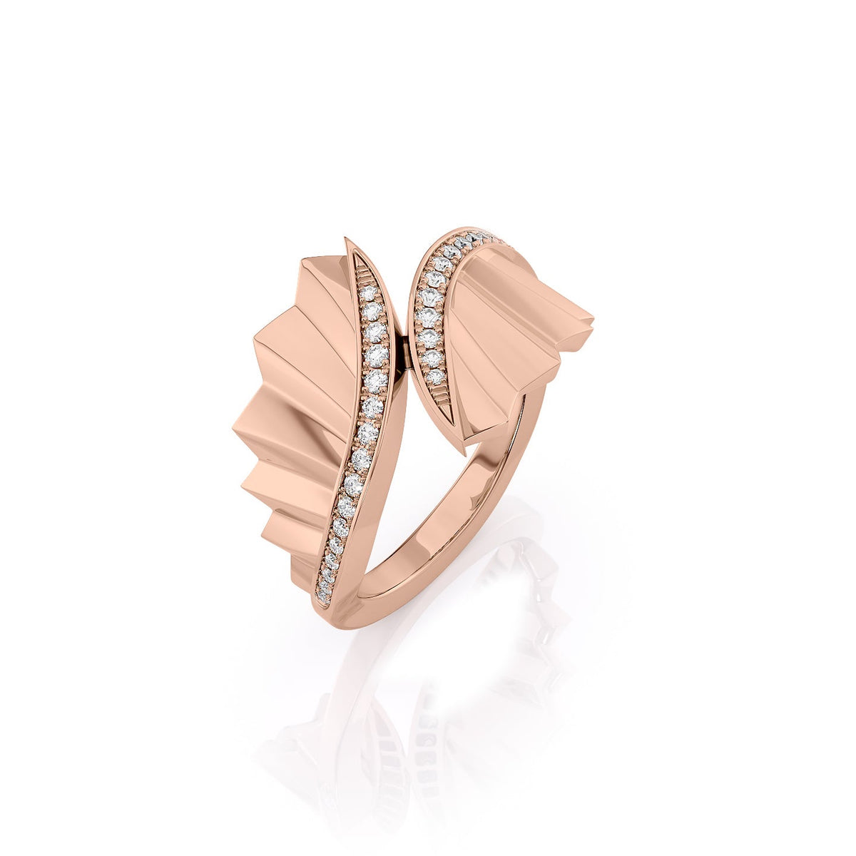 Born To Fly Bypass Ring. A Rose Gold Designer Bypass Ring Set With 0.15tcw Round Lab Grown Diamonds. White Background.