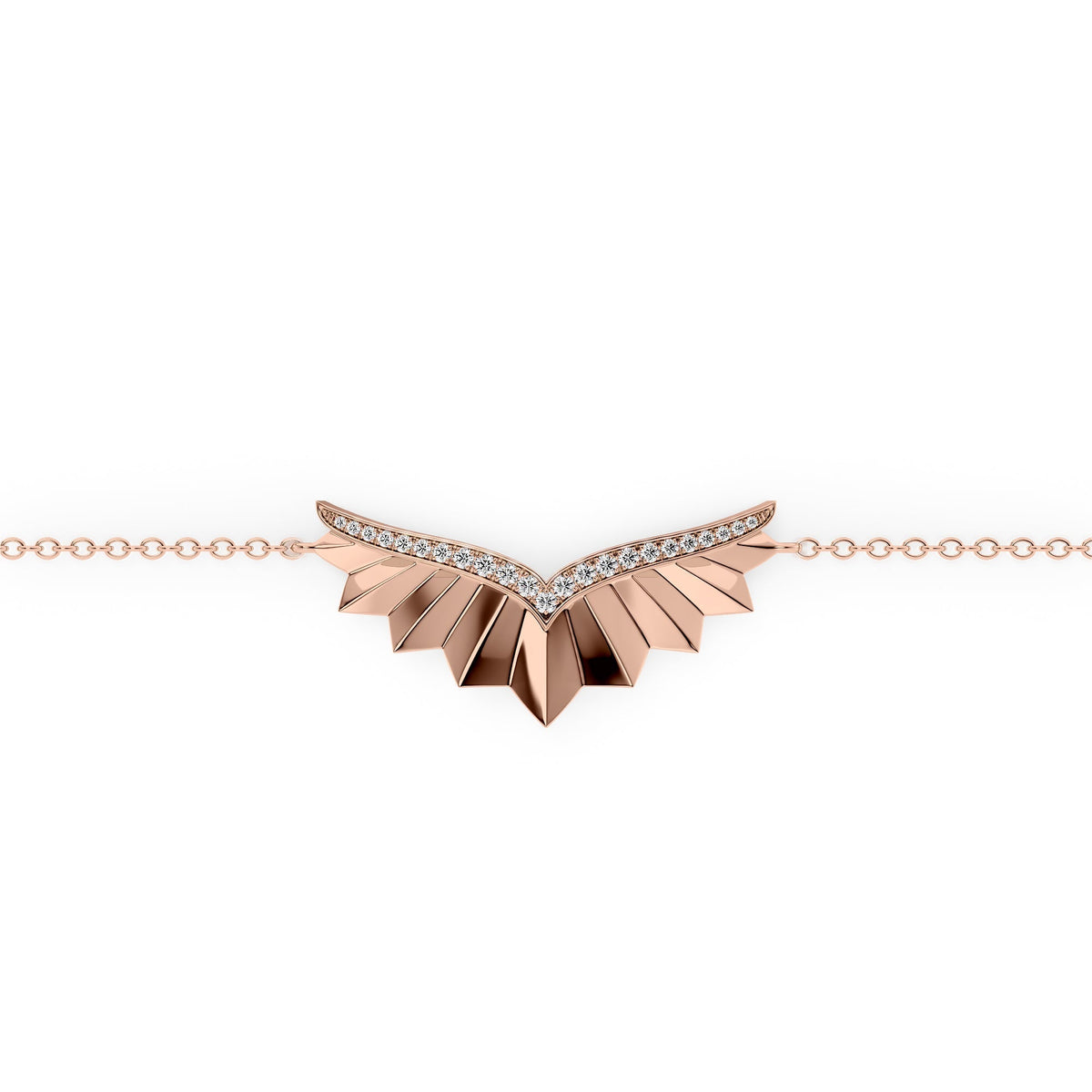 Born To Fly Chain Bracelet. A Rose Gold Designer Chain Bracelet Set With 0.2tcw Round Lab Grown Diamonds. White Background.