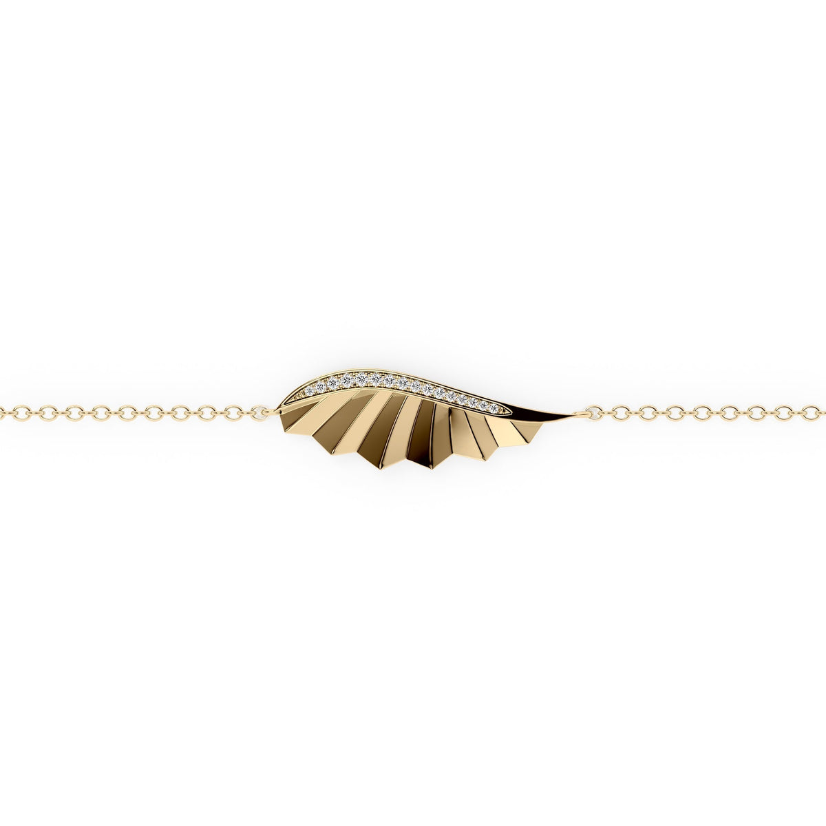 Born To Fly Wing Chain Bracelet. A Yellow Gold Designer Chain Bracelet Set With 0.05tcw Round Lab Grown Diamonds. White Background.