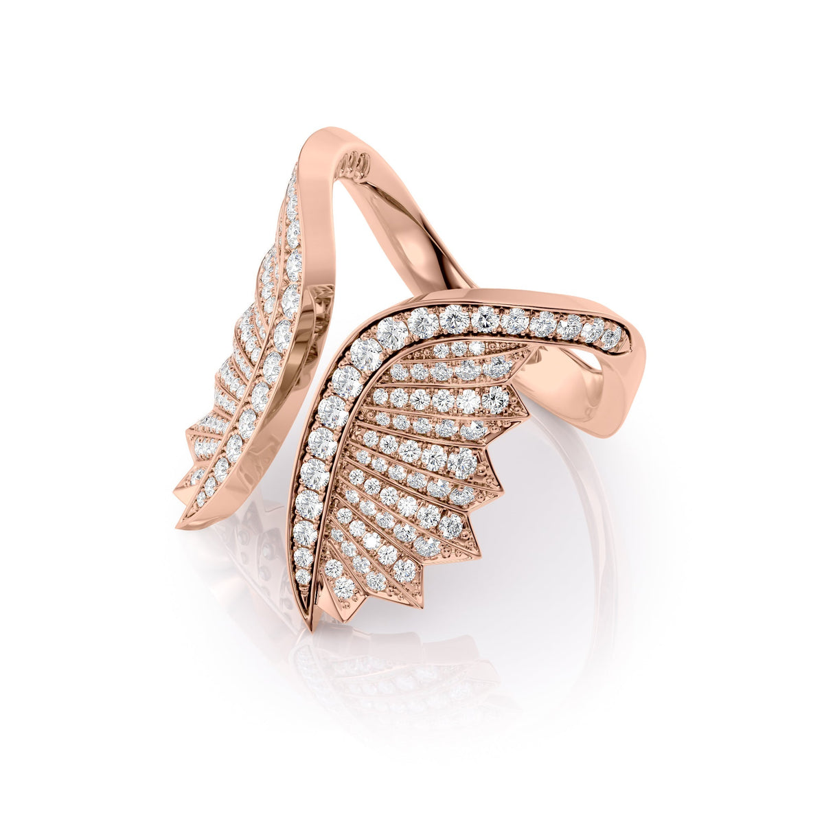 Born To Fly Wings Pave Ring. A Rose Gold Designer Open Ring Set With 1.15tcw Round Lab Grown Diamonds. White Background.