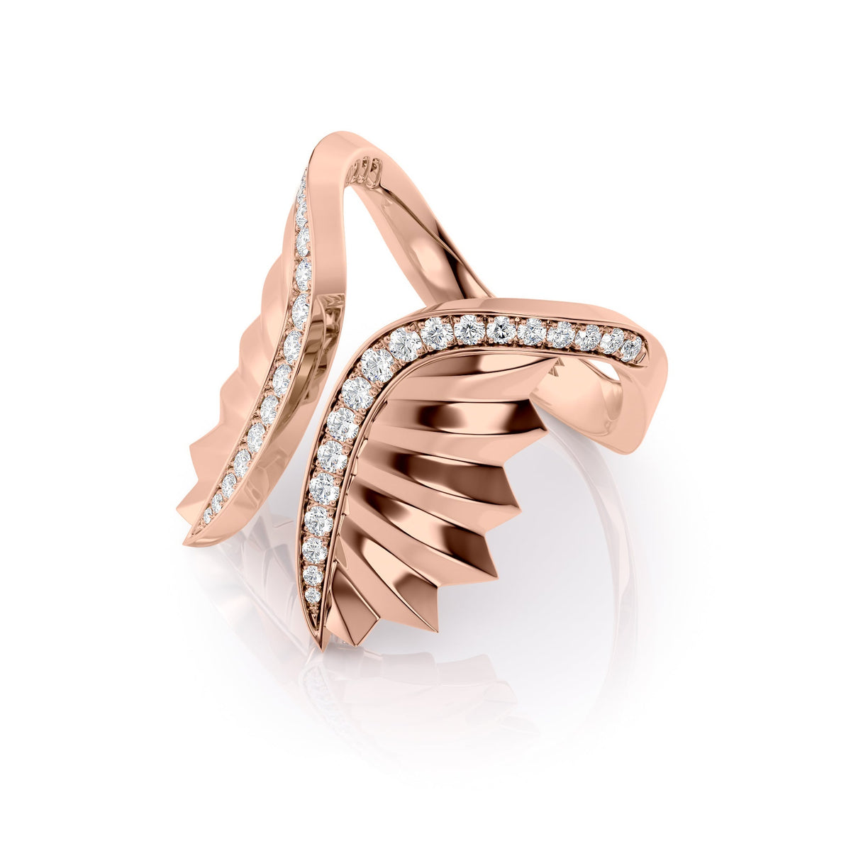 Born To Fly Wings Ring. A Rose Gold Designer Open Ring Set With 0.5tcw Round Lab Grown Diamonds. White Background.