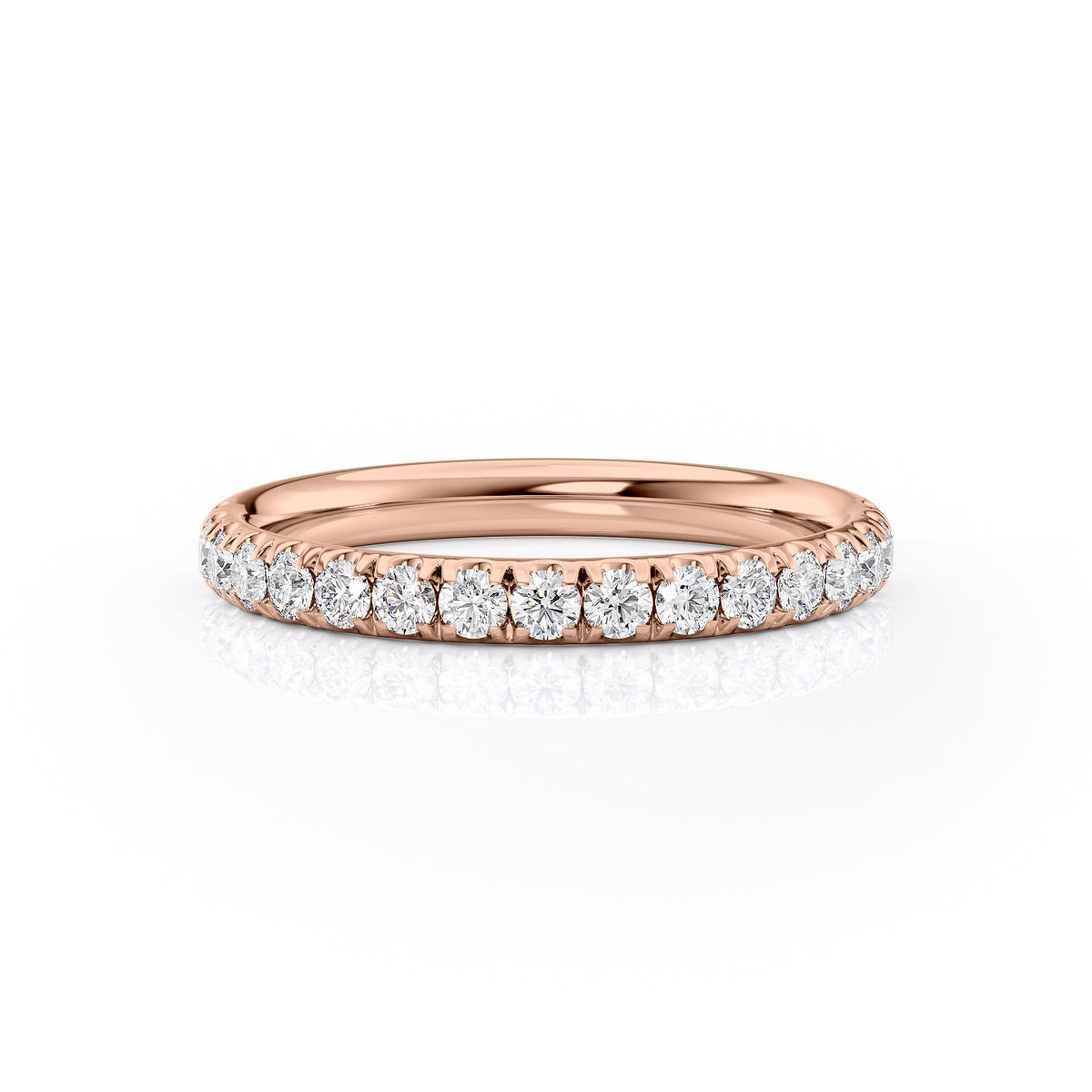 The 2.5mm Helen. A Rose Gold Pave Wedding Band Set With 0.5tcw Round Lab Grown Diamonds. White Background.
