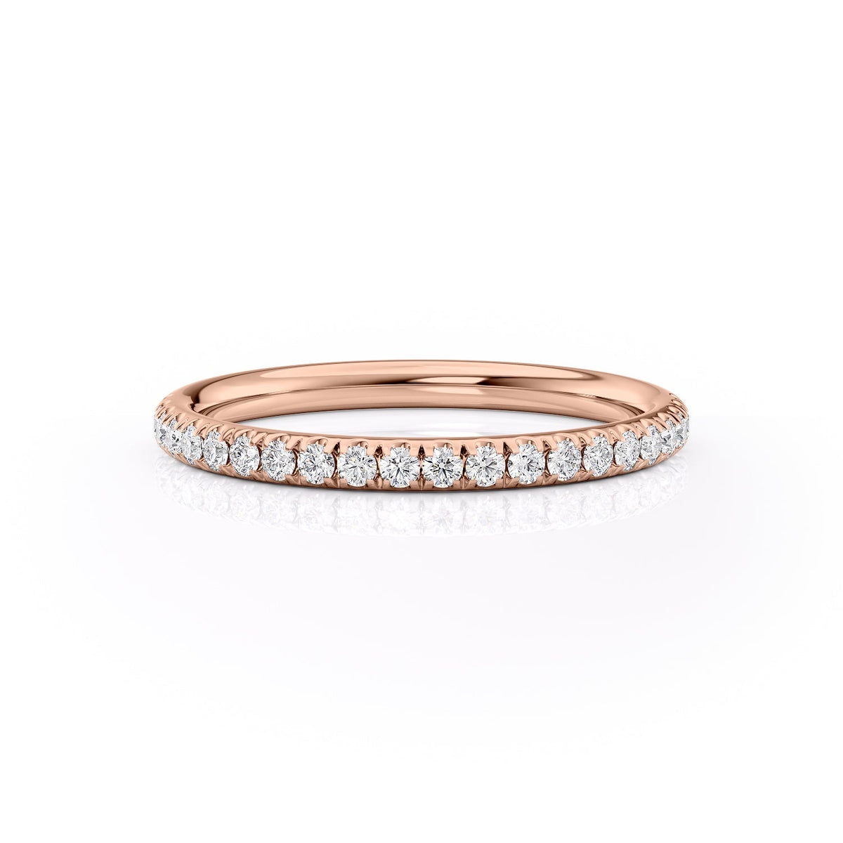 The 2mm Helen. A Rose Gold Pave Wedding Band Set With 0.3tcw Round Lab Grown Diamonds. White Background.