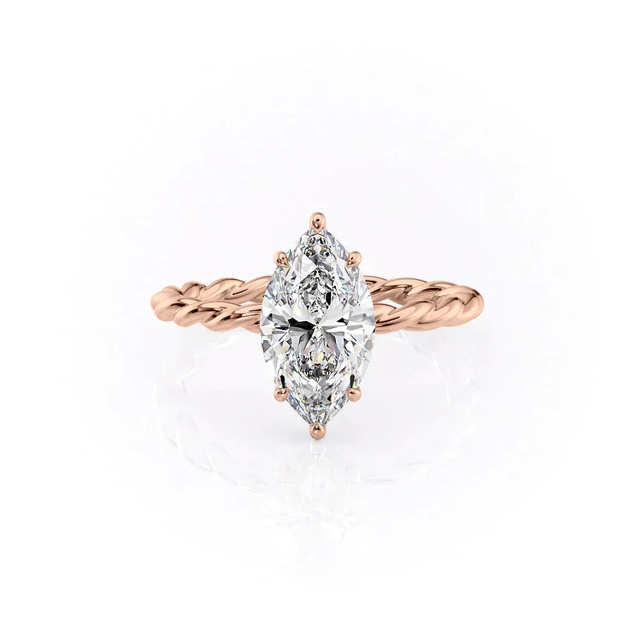 The Alice. A Rose Gold Solitaire, Hidden Halo Engagement Ring Set With A 2ct Marquise Lab Grown Diamond. White Background.